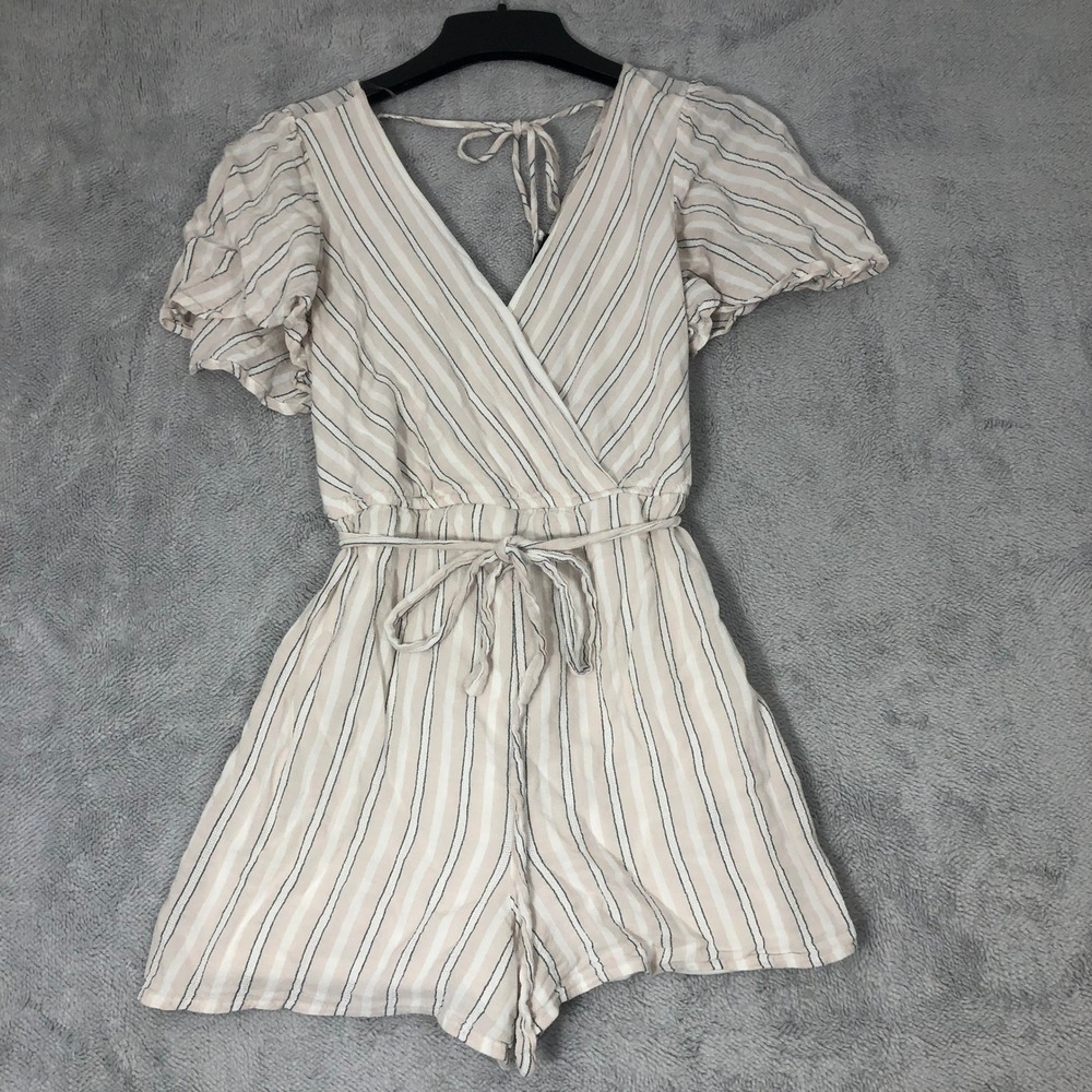 Trixxi Romper Women's Medium Beige Tan Striped Coastal Boho Lined Short Sleeve